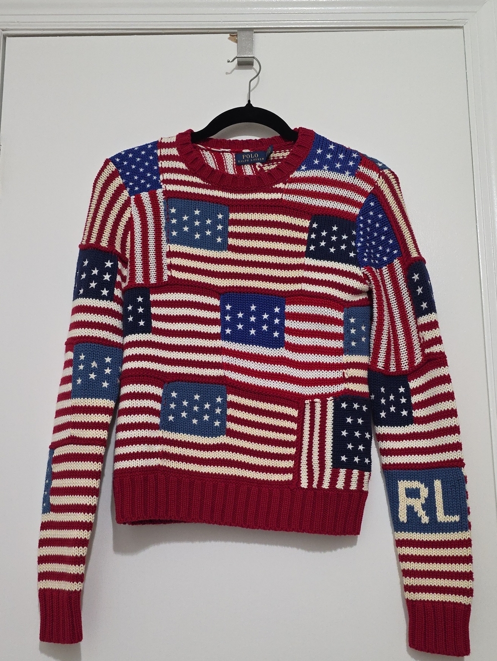 Polo by Ralph Lauren Red, White & Blue Flag Patch Knit Sweater